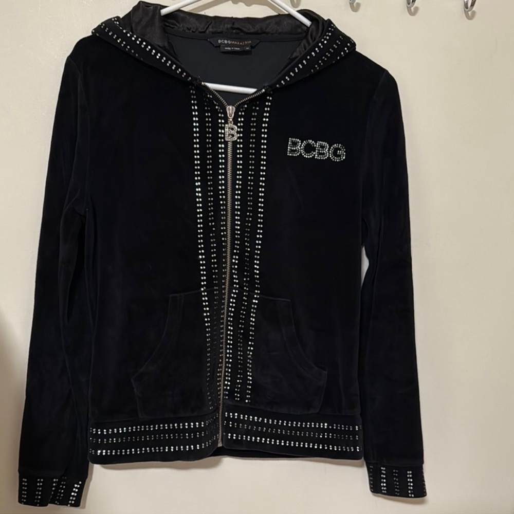 BCBG MaxAzria Women's Black Rhinestone Velvet Hoodie Sweater Medium